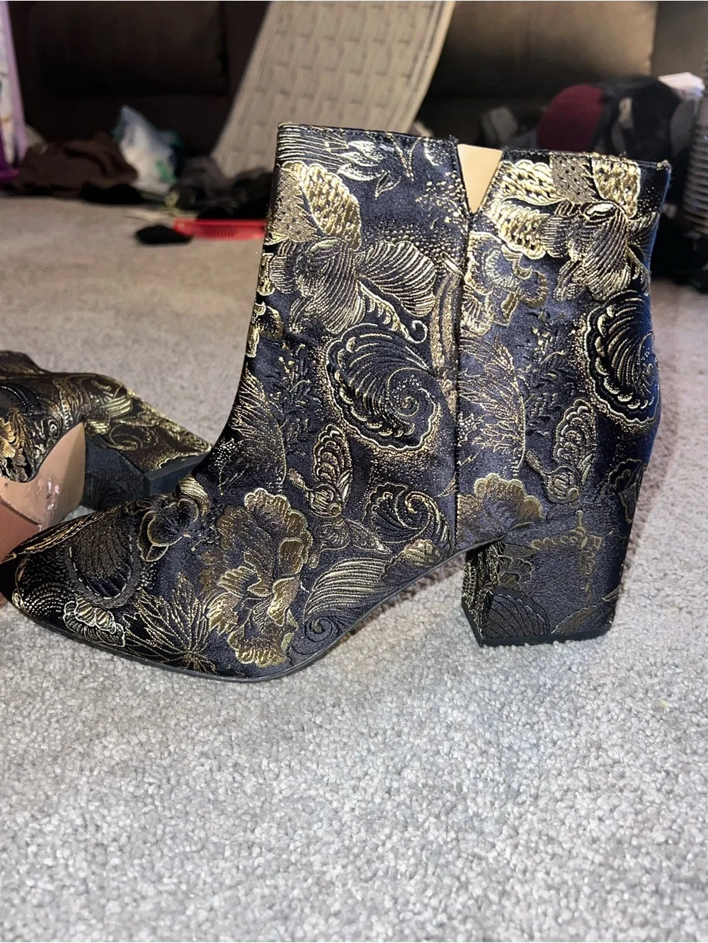 Franco Sarto Black & Gold Brocade Ankle Booties